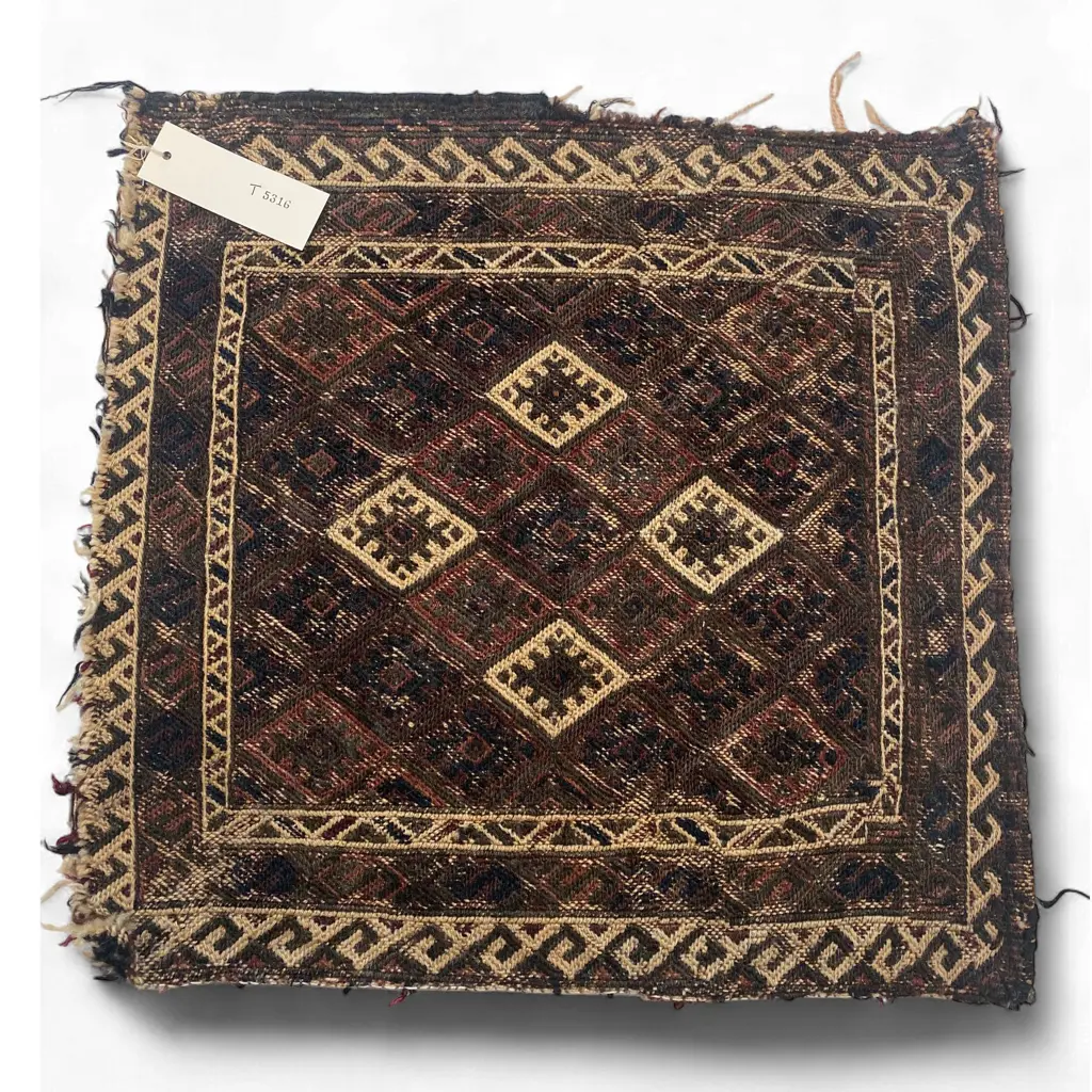 Bag face – wool, - soumac - hooked lozenge lattice - white running border – faded. 42.5 x 40cm Image 1++